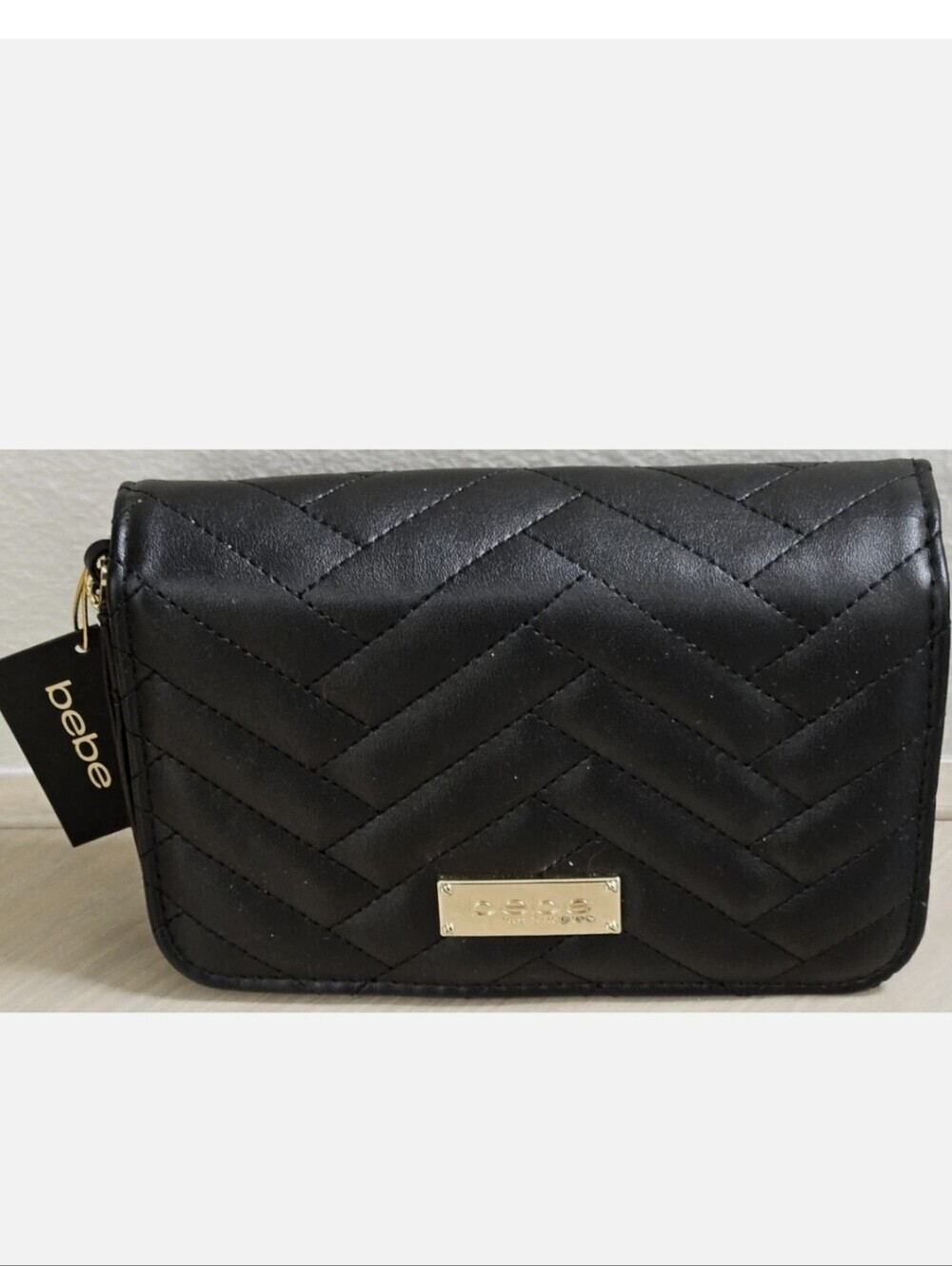 bebe Black Quilted Wallet with Gold Logo Plate NWT